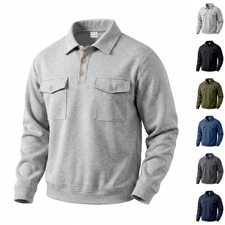 Men's Long Sleeve Polo Shirt with Button Placket and Patch Pockets Mune Fashion