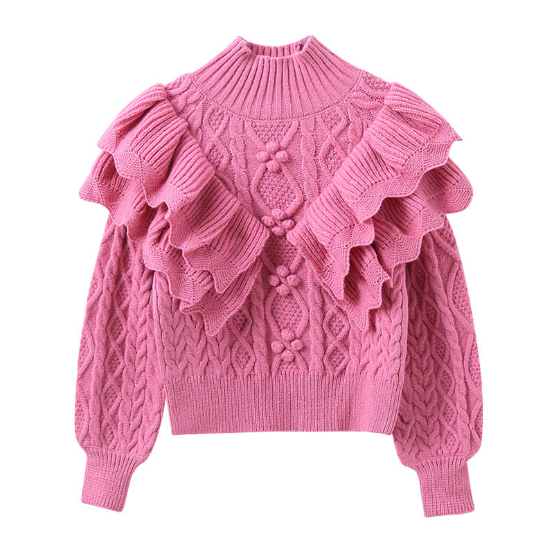 Women's Knit Sweater with Ruffles and Cable Pattern Mune Fashion