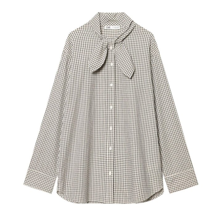 Ladies Checked Blouse Shirt with Bow Collar and Casual Fit Mune Fashion