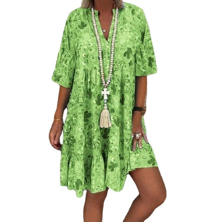 Women's A-line tunic mini dress with V-neck, tiered ruffles, and Boho bandana print Mune Fashion