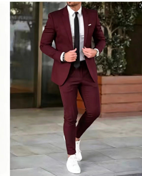 Men's fitted suit set made of lightweight stretch twill with single-button blazer and flat-front trousers Mune Fashion