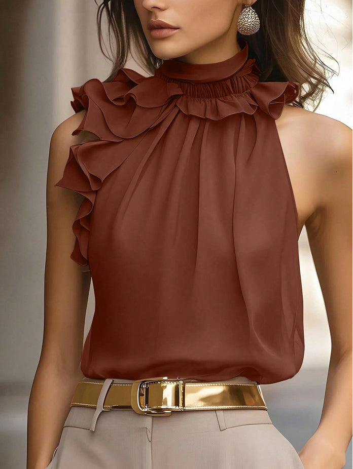 Women's High-Neck Chiffon Top with Ruffled Collar and Asymmetrical Flounce Mune Fashion