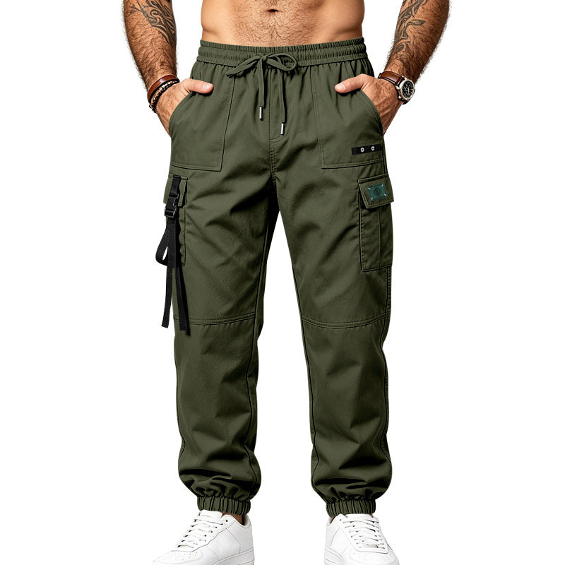 Men's utility cargo pants in jogger style with elastic waistband, multiple pockets and leg straps Mune Fashion