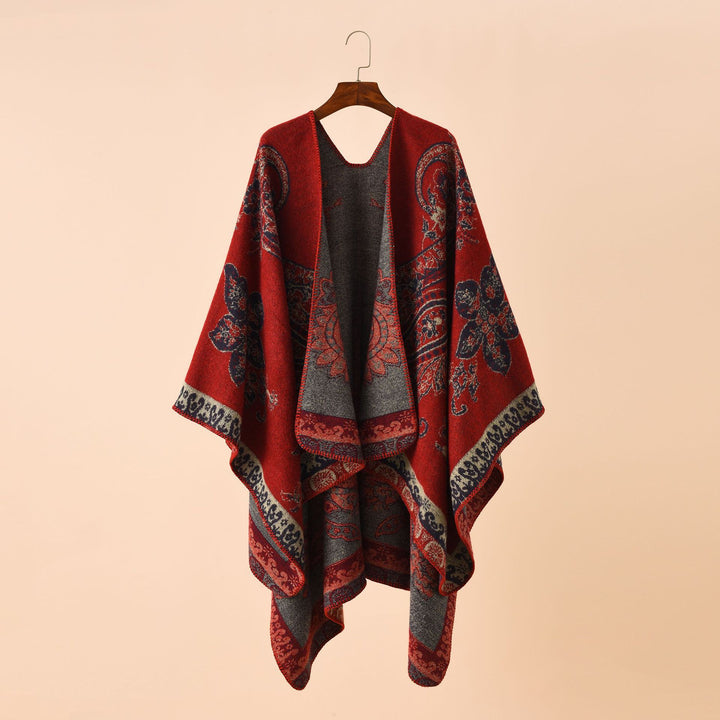 Ladies Elegant Jacquard Poncho with Paisley Pattern and Open Front Mune Fashion