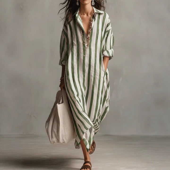 Women’s Long Striped Shirt Dress in Linen Look with V-Neck and Side Pockets Mune Fashion