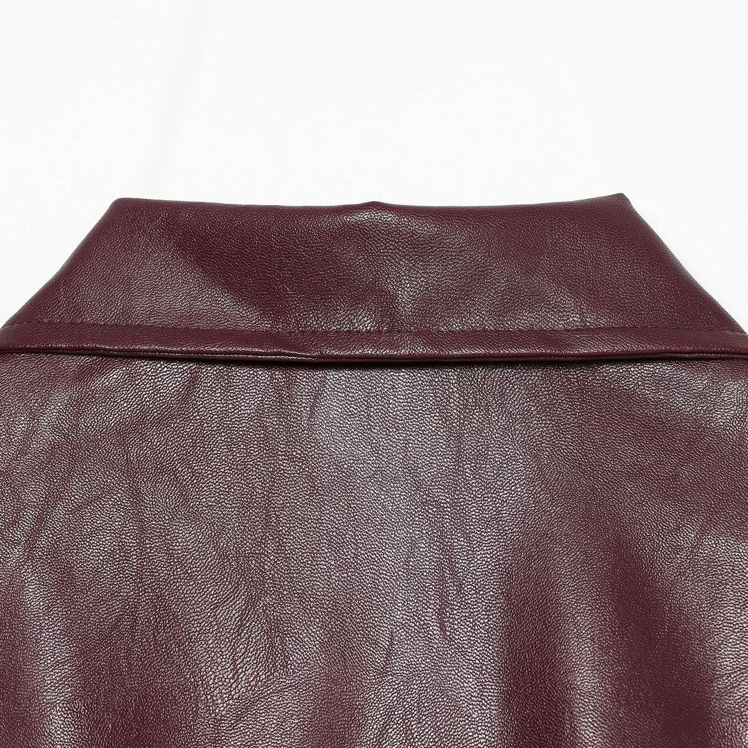 Women's Faux Leather Blouson with Full Zip, Shirt Collar and Gathered Hem