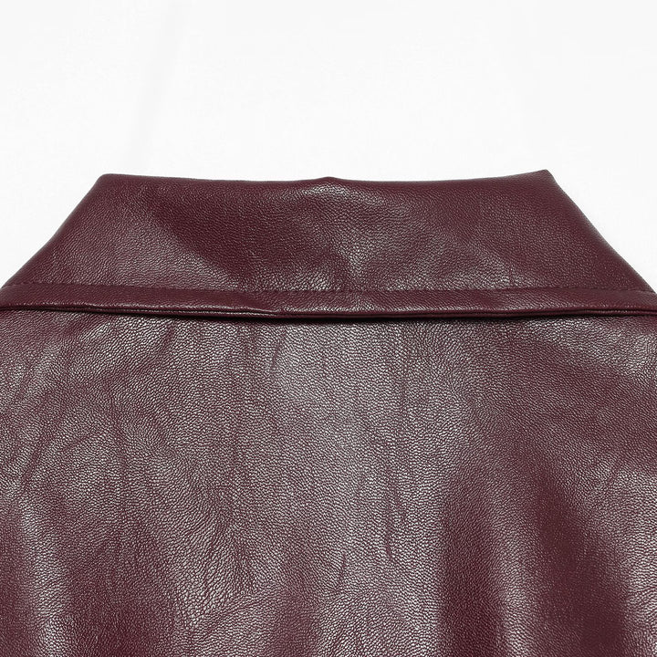 Women's Faux Leather Blouson with Full Zip, Shirt Collar and Gathered Hem