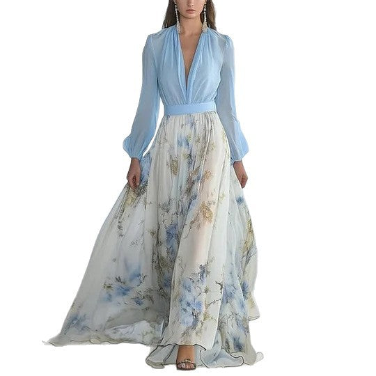 Women's flowing chiffon maxi dress with deep V-neck, fitted waistband, and long bell skirt Mune Fashion