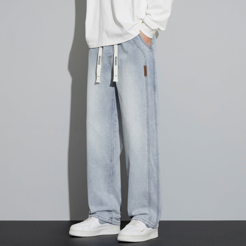 Men's Wide Denim Pants in Lounge Style with Drawstring Waist and Straight Leg Mune Fashion