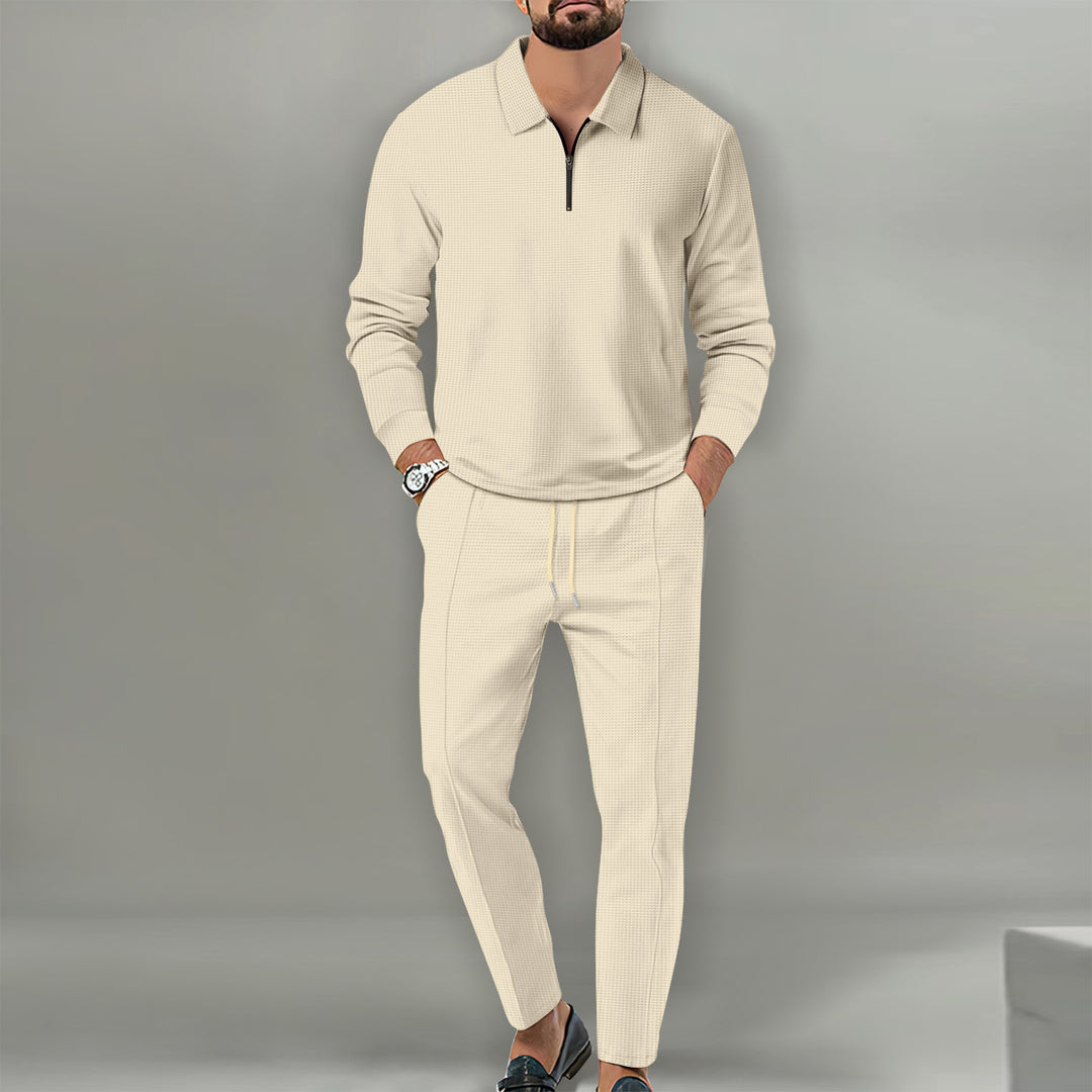 Men's Long Sleeve Henley Polo Shirt with Half Zip and Tapered Jogging Pants Mune Fashion