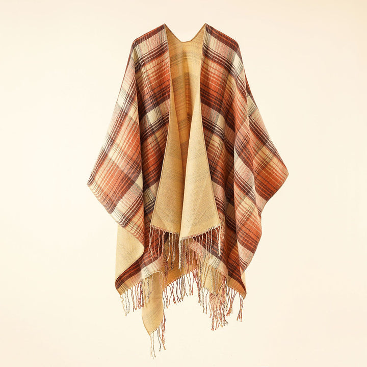 Ladies Kastiger Plaid-Ruana made of lightweight wool blend with decorative fringed hem Mune Fashion