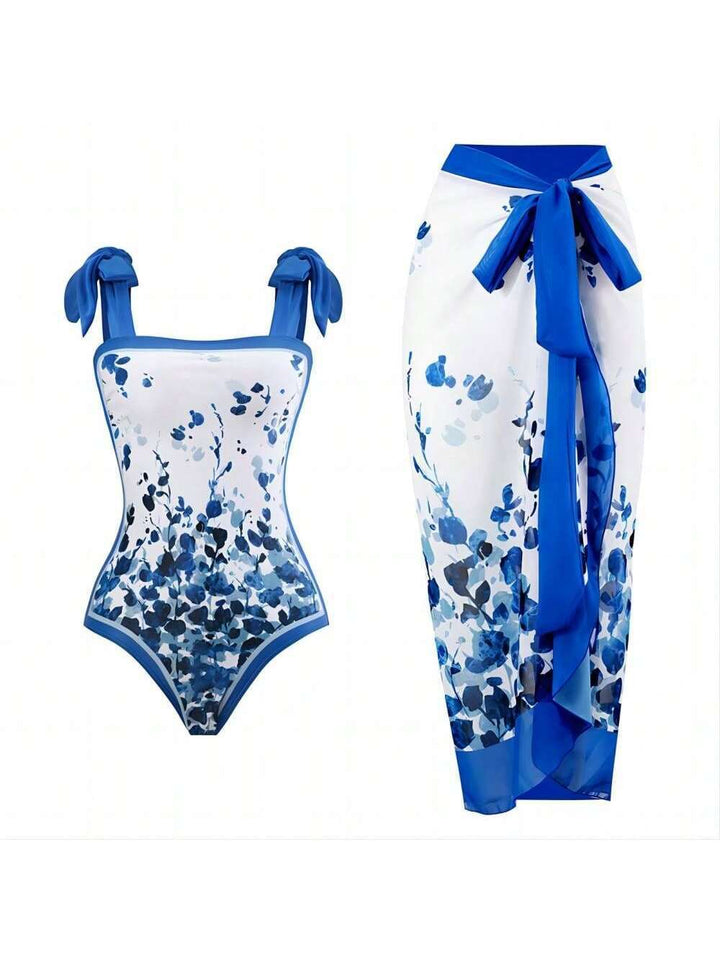 Women Elegant Swimsuit with Floral Accents and Fashionable Wrap Skirt Mune Fashion