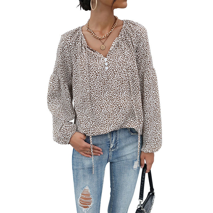 Women's Casual Tunic-Blouse with Fine Leopard Print, Button Placket and Balloon Sleeves Mune Fashion
