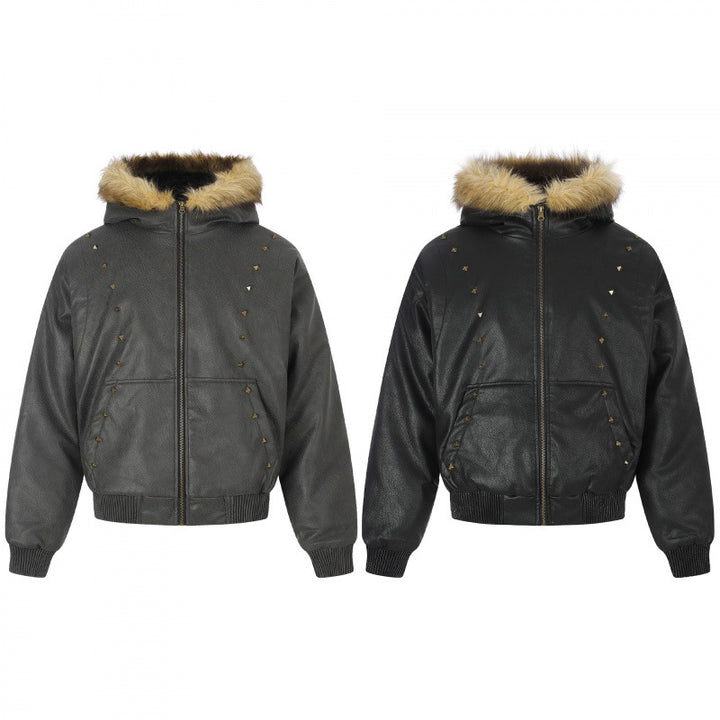 Women's Hooded Jacket in Leather Look with Studded Trim, Faux Fur Collar and Ribbed Hem Mune Fashion