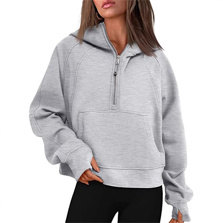 Women's short cut hoodie with half zipper and kangaroo pocket Mune Fashion