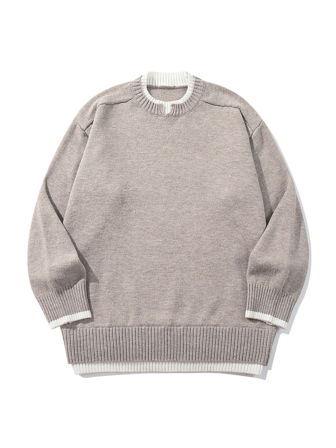 Ladies Oversize Knit Sweater with Contrasting Ribbed Collar and Extended Hem Mune Fashion