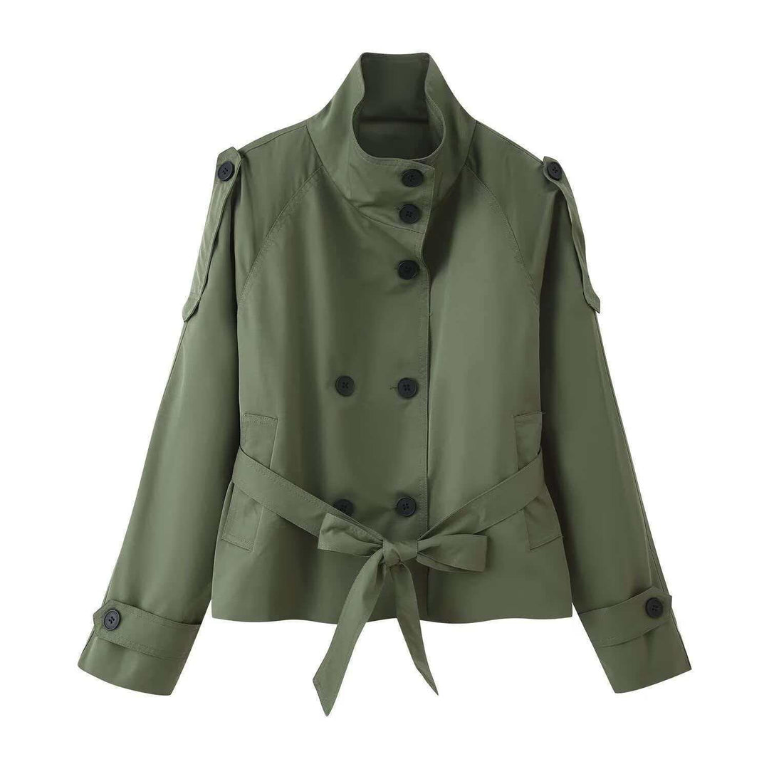 Women's short tailored trench coat with high standing collar, double-breasted button placket, and adjustable tie belt Mune Fashion