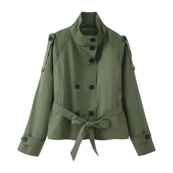 Women's short tailored trench coat with high standing collar, double-breasted button placket, and adjustable tie belt Mune Fashion