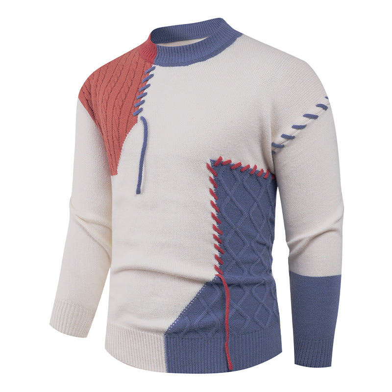 Men's Nan Patchwork Knit Pullover with Cable Knit Inserts and Decorative Seam Applications Mune Fashion