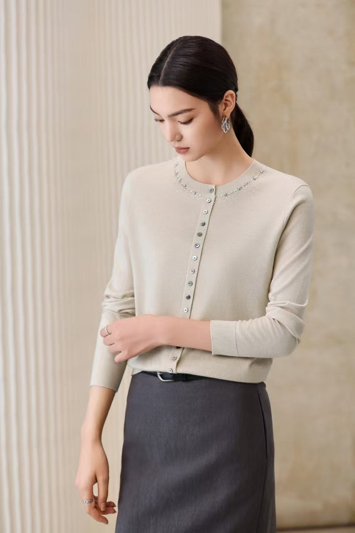 Women Fine Fine Knit Cardigan with Bead Decor at Crew Neck