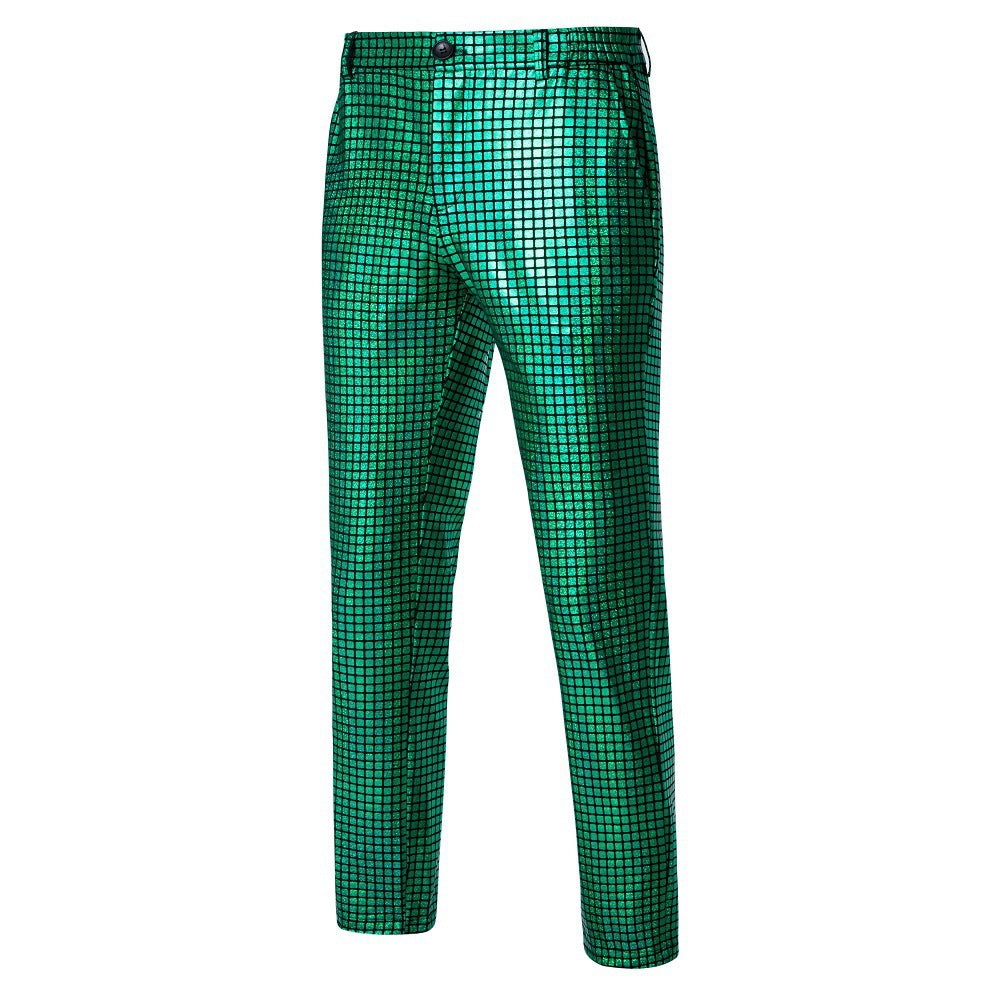 Men's Slim-Fit Suit Trousers with Glossy Sequin Look and Fine Check Pattern Mune Fashion