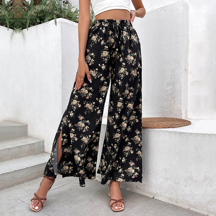 Women's Wide Palazzo Pants with Floral Pattern Mune Fashion