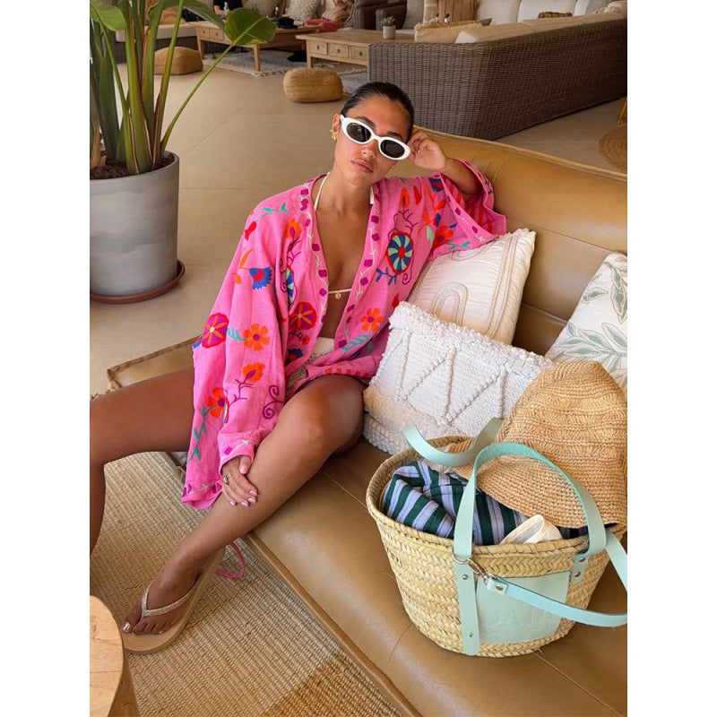 Ladies Embroidered Short Kimono with Oversized Sleeves and Colorful Boho Embroidery Mune Fashion