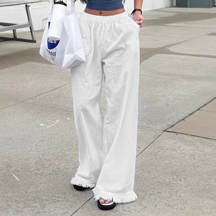 Women Wide Straight-Leg Pants with Elastic Waistband and Fringe Hem Mune Fashion
