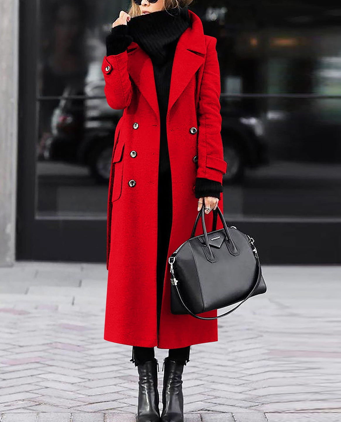 Women Long Double-Breasted Wool Blend Coat with Distinctive Lapels and Flap Pockets Mune Fashion