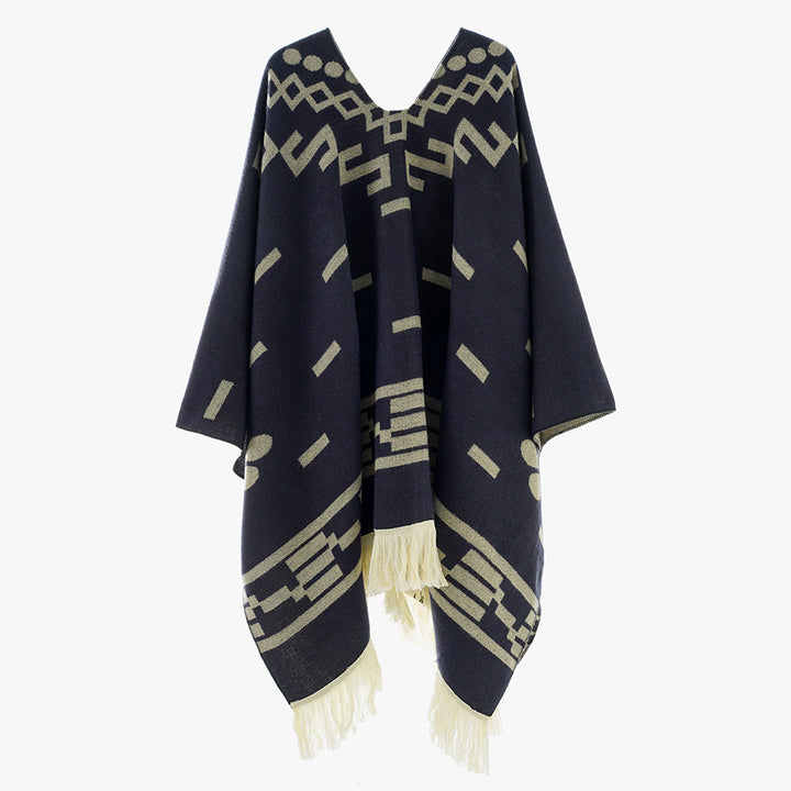 Women's Oversize Poncho in Boho Style with V-neck, Jacquard Pattern and Long Fringes Mune Fashion