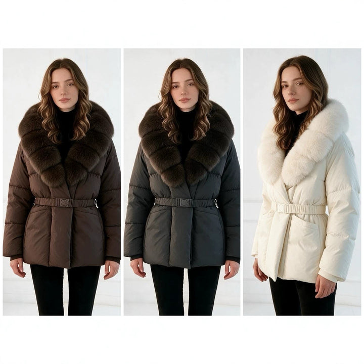 Women's tailored quilted jacket with oversized faux fur collar, fitted belt, and warming thermal insulation Mune Fashion