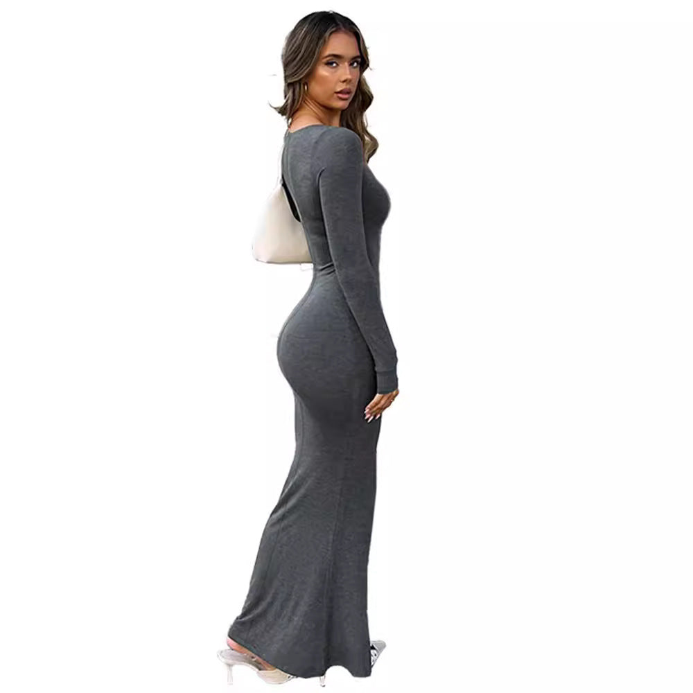Damen Figurbetontes Stretch-Jerseykleid mit tiefem U-Boot-Ausschnitt und langen Ärmeln Mune Fashion