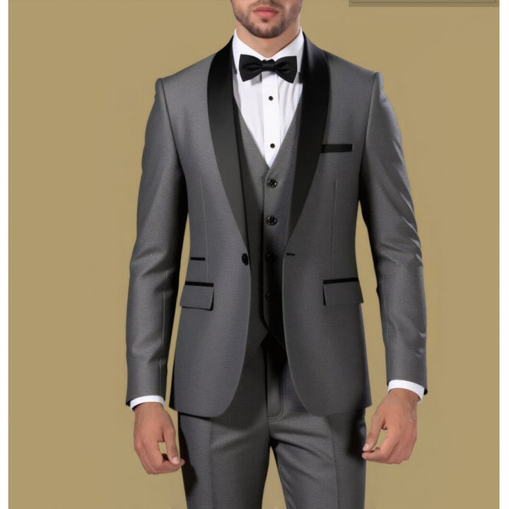 Men's Tailored Three-Piece Tuxedo with Shawl Collar and Satin Lapel Mune Fashion