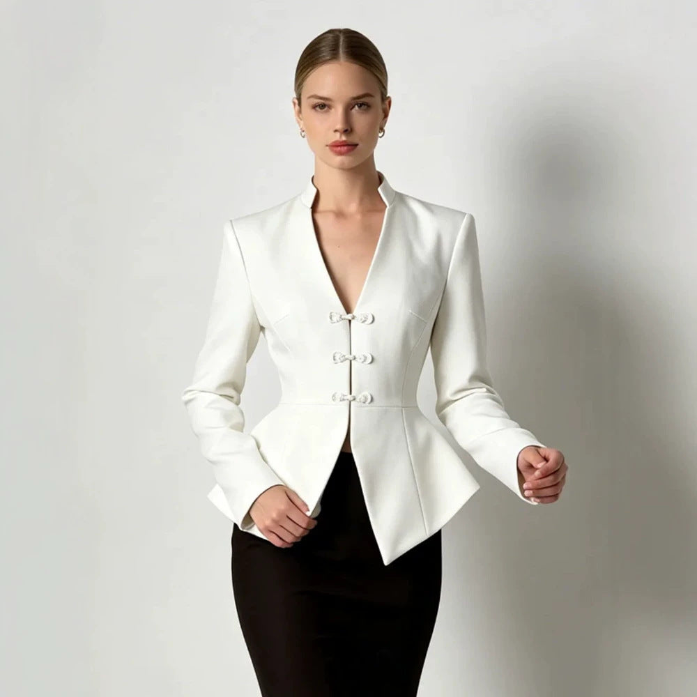 Women's Tailored Peplum Blazer with Mandarin Collar and Decorative Knot Fastenings Mune Fashion