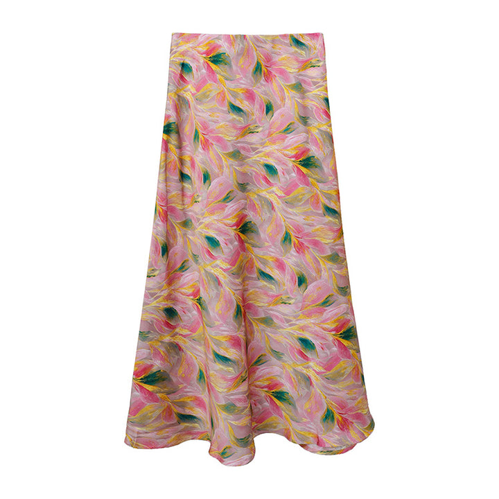 Women's flowing midi skirt with floral print and A-line silhouette in satin-like fabric Mune Fashion
