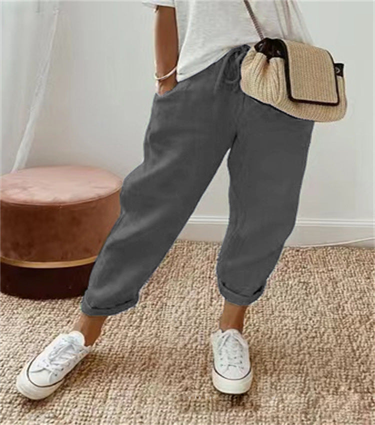 Women's lightweight linen pants with drawstring, loose pleat fit, and rolled ankle hem Mune Fashion