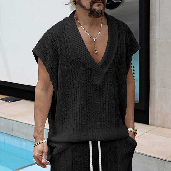 Men's knitted top made of coarse knit with deep V-neck and textured pattern Mune Fashion