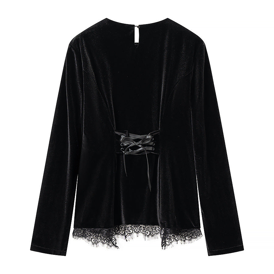 Women's velvet t-shirt with asymmetric lace hem and slit detail Mune Fashion