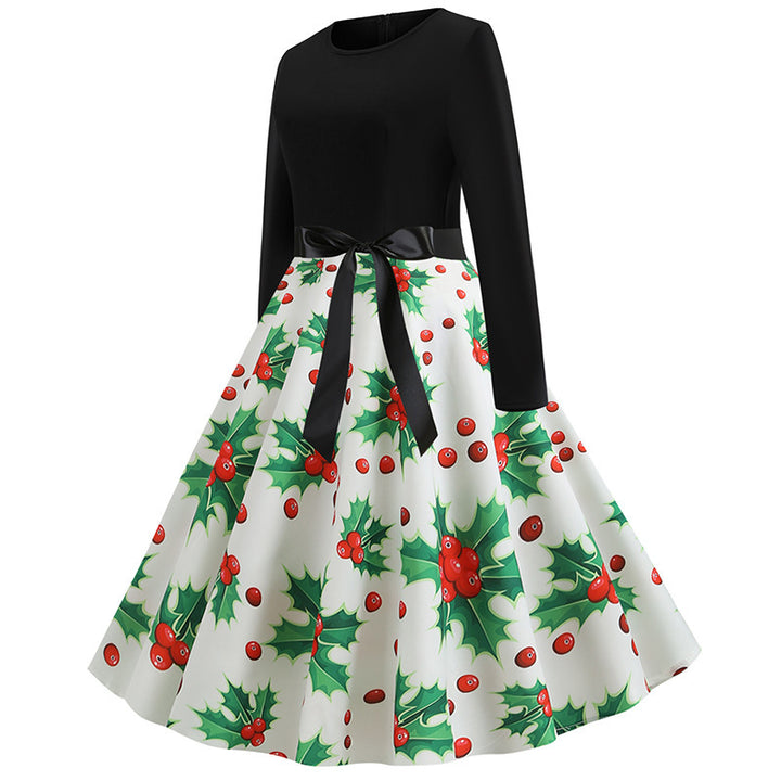 Women's festive A-line skater dress with long sleeves, fitted silhouette, and holly print Mune Fashion
