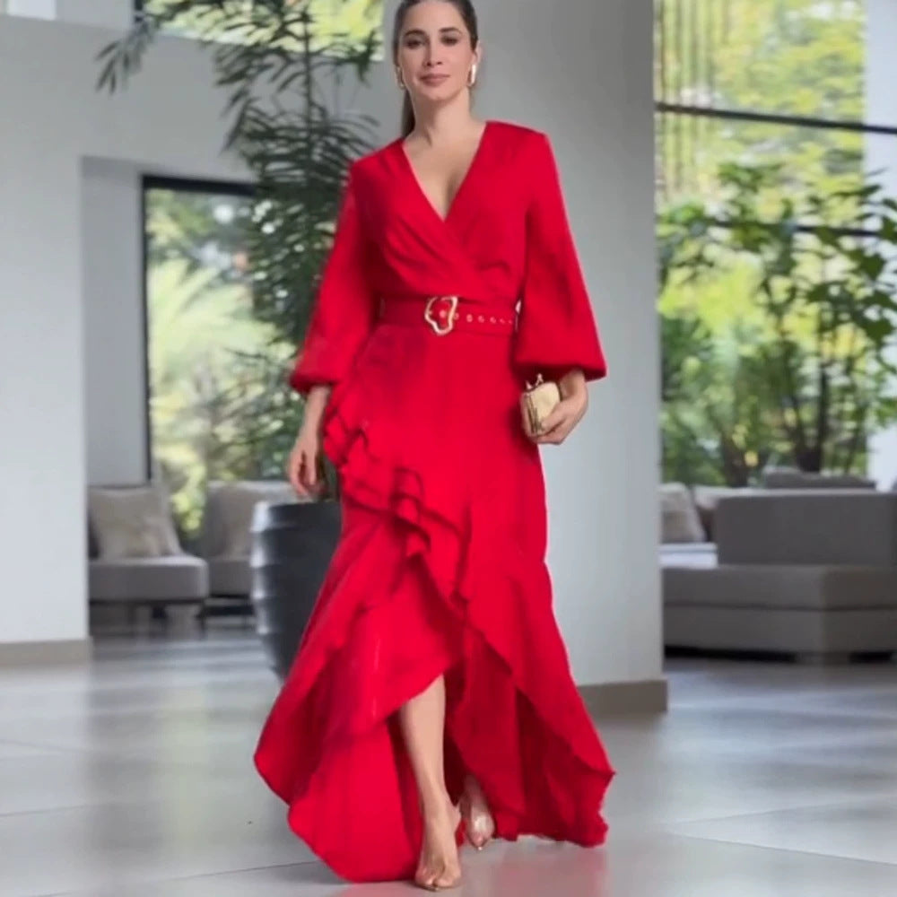 Women's Elegant Wrap Maxi Dress with Ruffles, Fitted Belt & Wide Bell Sleeves Mune Fashion