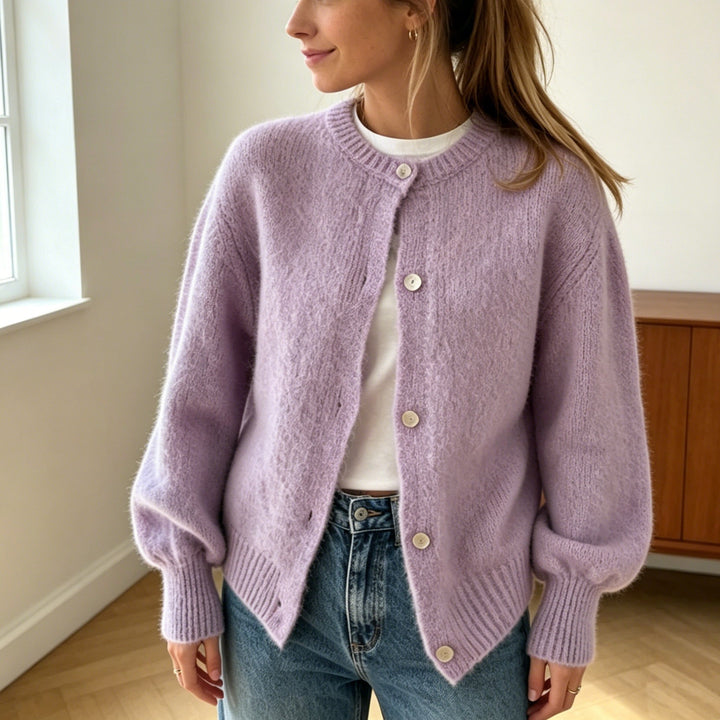 Women's Cozy Mohair-Look Cardigan with Round Neck and Balloon Sleeves Mune Fashion