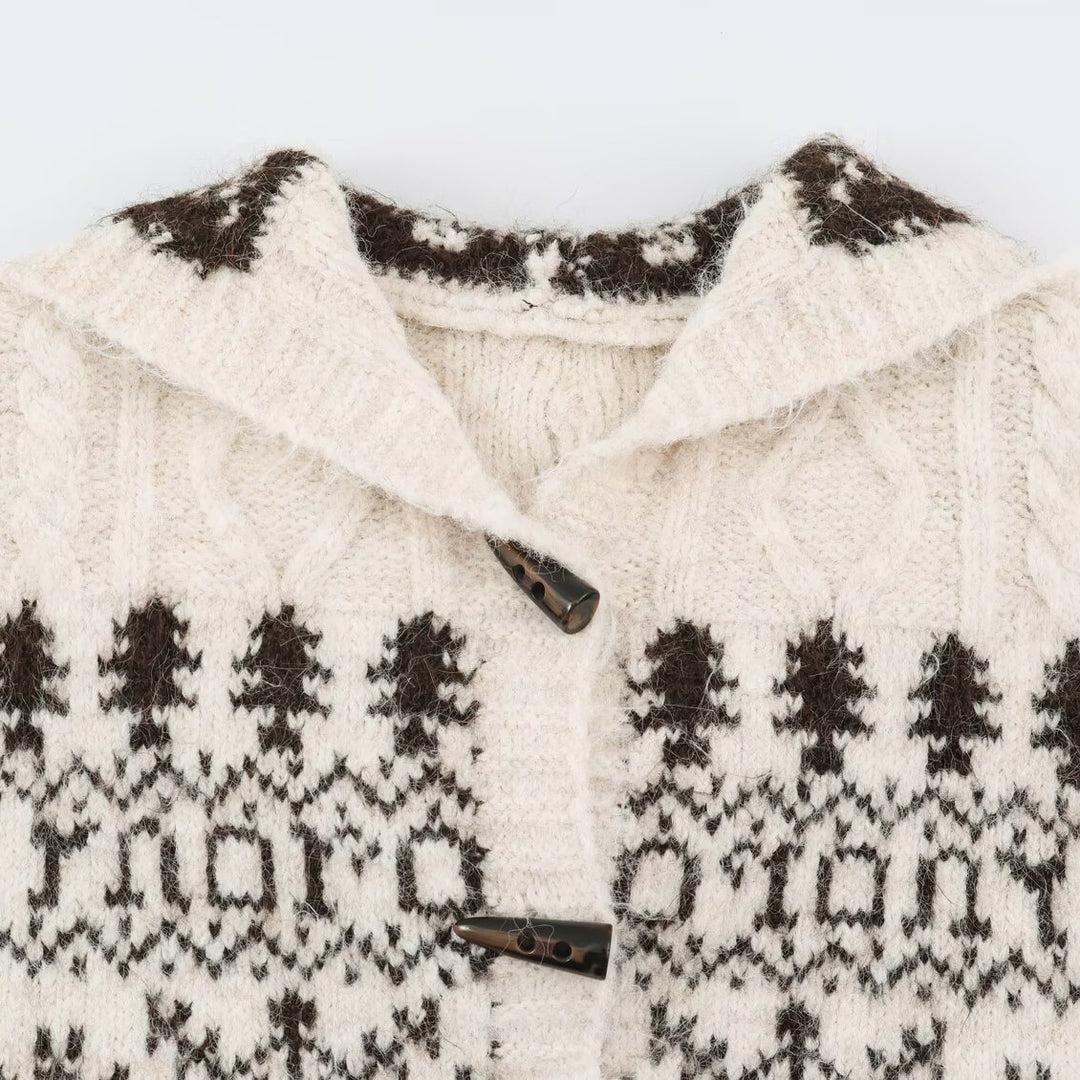 Women's Coarse Knit Hooded Cardigan with Horn Buttons and Norwegian Pattern Mune Fashion