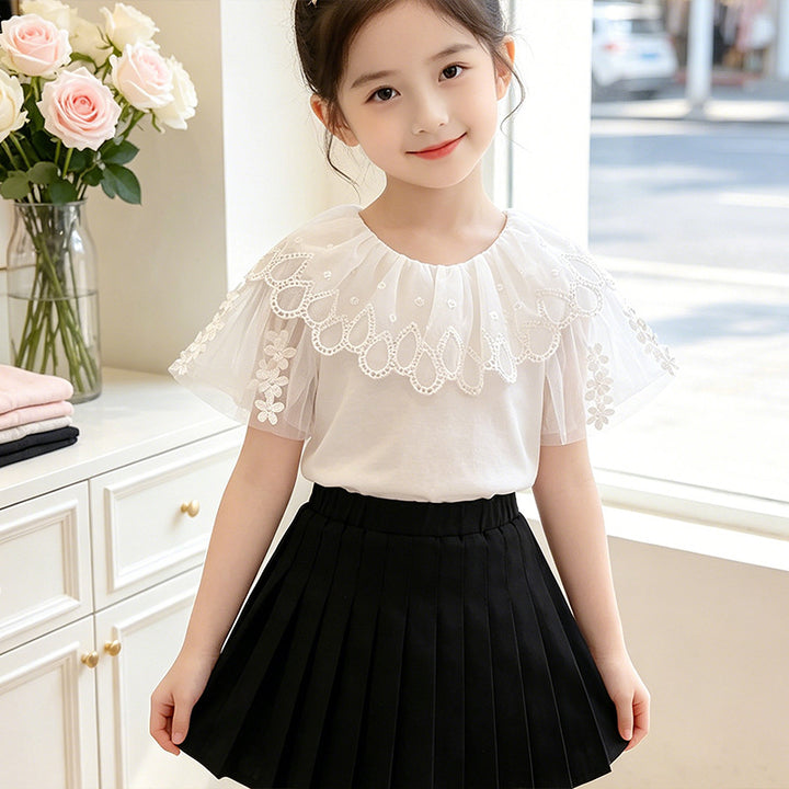 Girls T-Shirt with elegant tulle collar and floral detail Mune Fashion