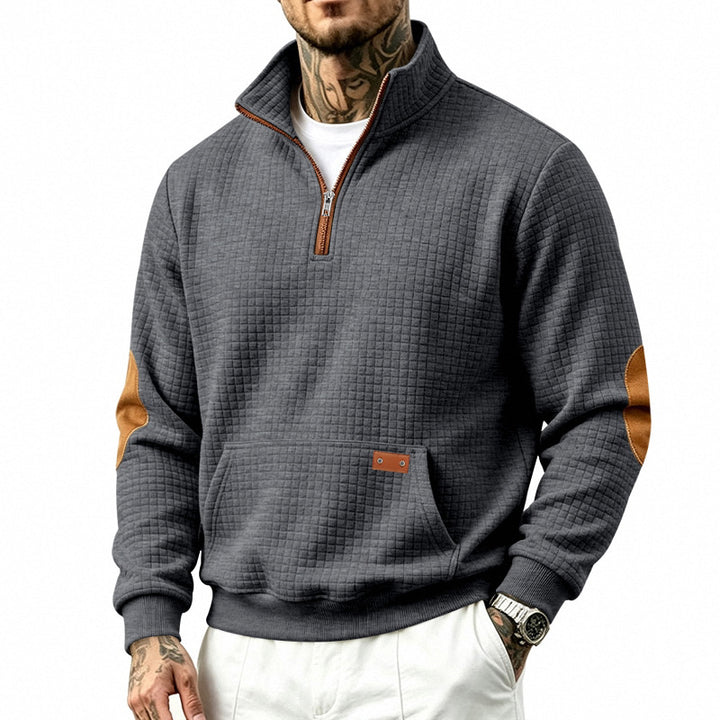 Men's Textured Half-Zip Sweatshirt with Waffle Structure, Kangaroo Pocket and Leather Elbow Patches Mune Fashion