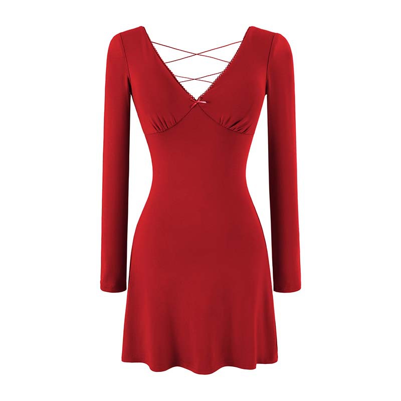 Ladies form-fitting mini dress with a deep V-neckline, gathered bust, and crossed back straps Mune Fashion