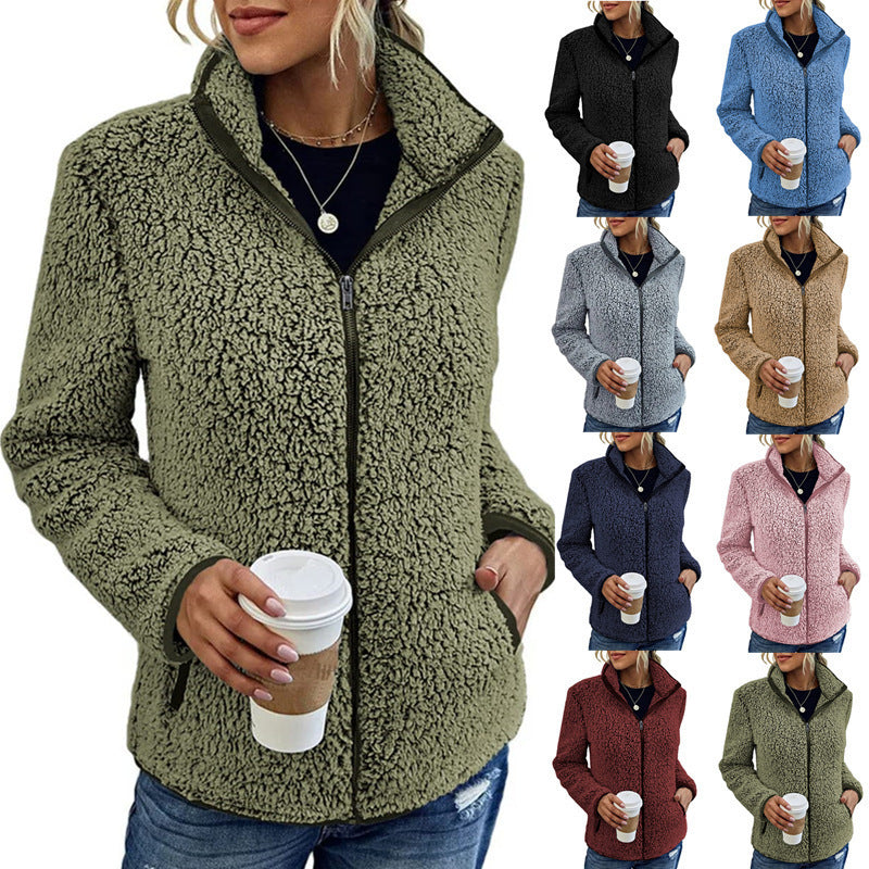 Women's Plush Fleece Jacket with High Collar and Side Pockets Mune