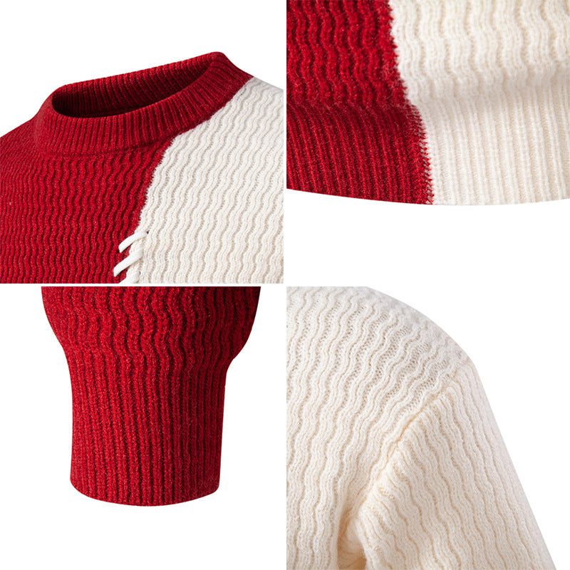 Men's two-tone structured knit sweater with decorative band detail and round neck Mune Fashion