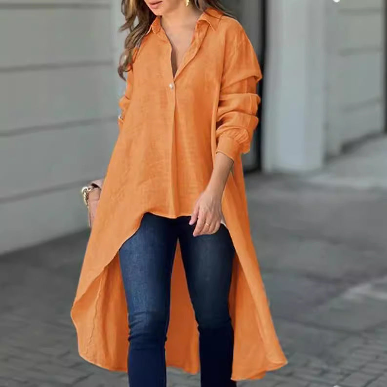 Women Lightweight Linen Tunic Blouse with Asymmetric High-Low Tail and Shirt Collar Mune Fashion
