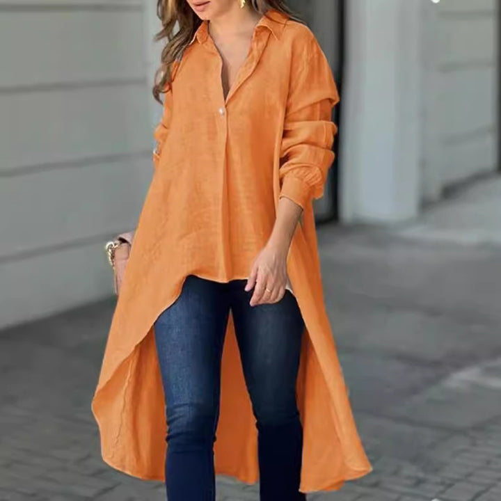 Women Lightweight Linen Tunic Blouse with Asymmetric High-Low Tail and Shirt Collar Mune Fashion