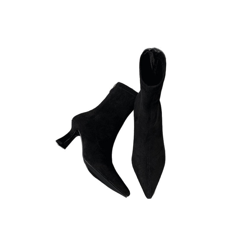 Women pointed toe ankle boots made of suede with sculpted heel and slim shaft Mune Fashion